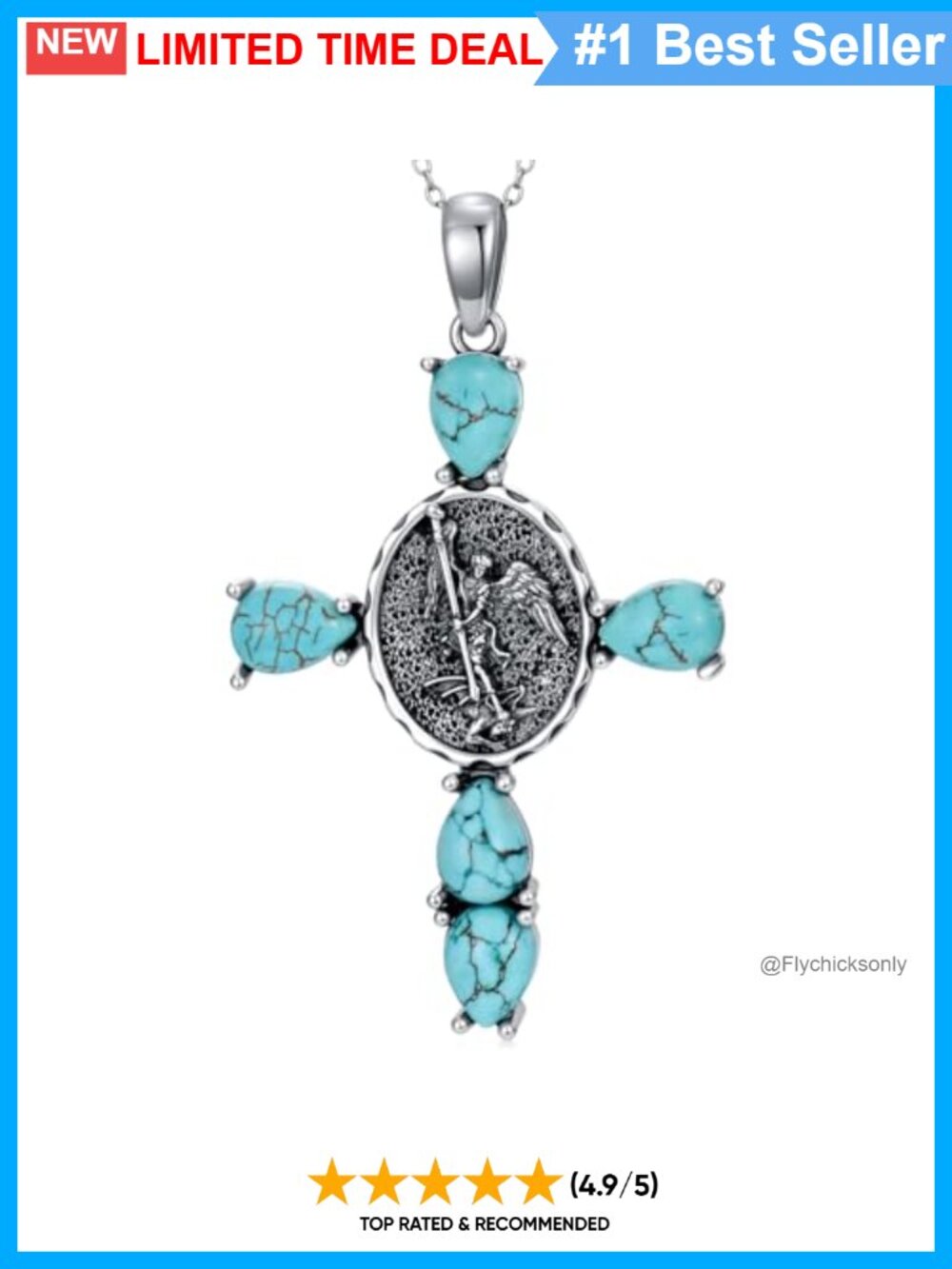 925 Sterling Silver Natural Turquoise St Michael Cross Pendant Necklace